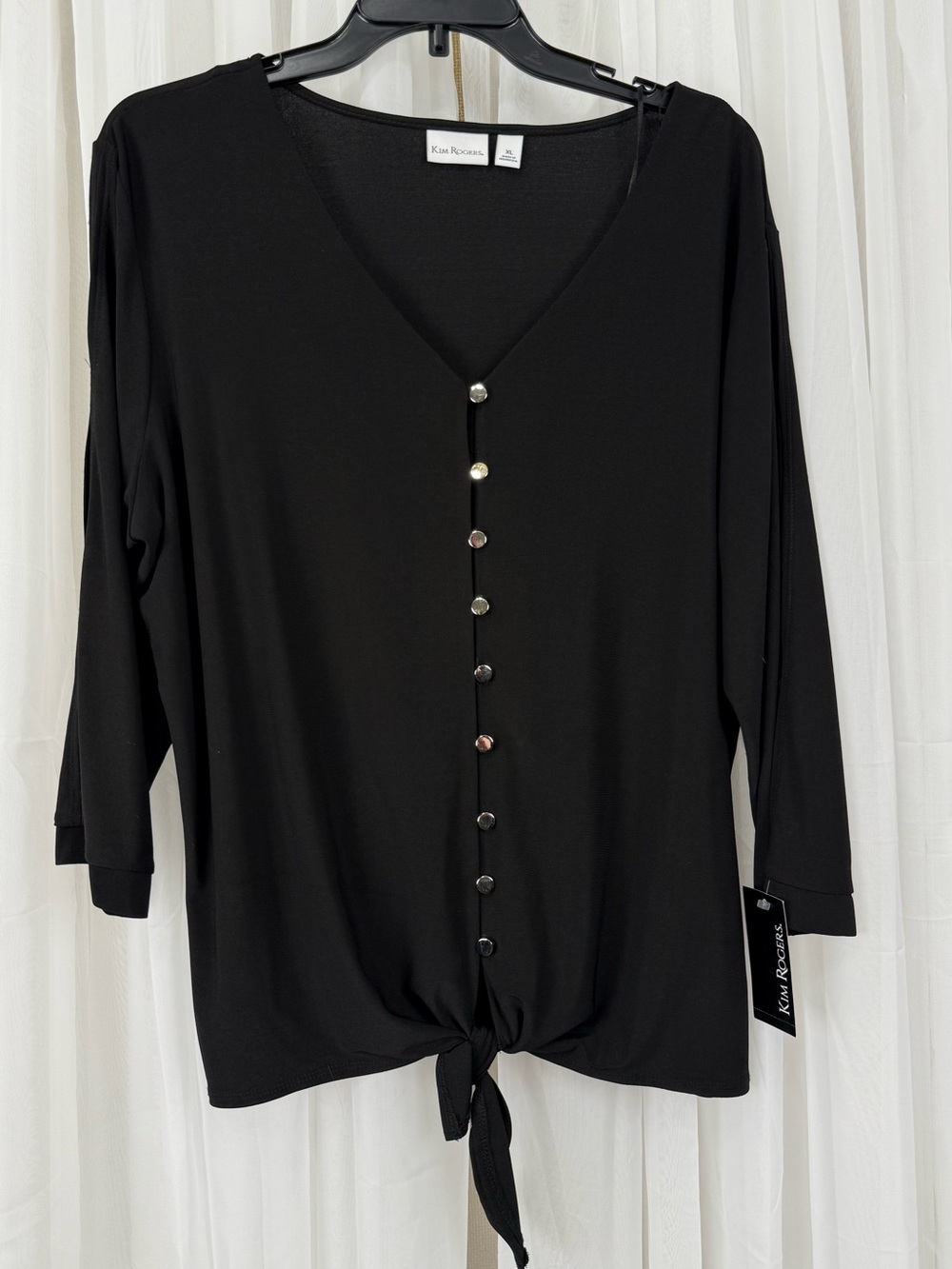 Kim Rogers XL Black Top Tie Front Button V Neck Cutout Sleeve NWT